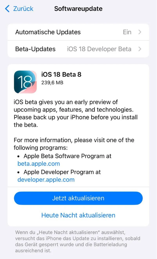 若尔盖苹果手机维修分享苹果 iOS / iPadOS 18 开发者预览版 Beta 8 发布 